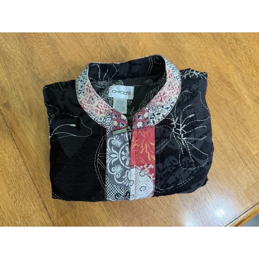 Chicos Full Zip Jacket Floral Silk Linen Artsy Patchwork Size 1 Medium